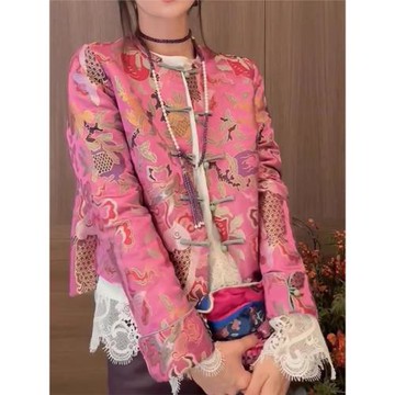 專柜撤回尾單新中式老錢風高級感國風唐裝粉色短款印花盤扣外套女