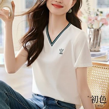 初色 簡約V領撞色領口包邊基本款印花短袖T恤上衣女上衣-白色-33328(M-2XL可選)