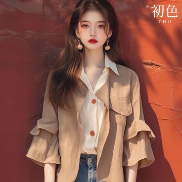 初色 韓系純色休閒寬鬆荷葉邊排釦翻領長袖風衣外套-卡其色-37706(M-2XL可選)