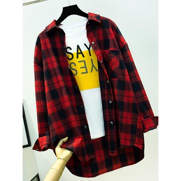 紅色格子襯衫女寬松外套長袖2025春秋季新款襯衣磨毛加厚休閑大碼