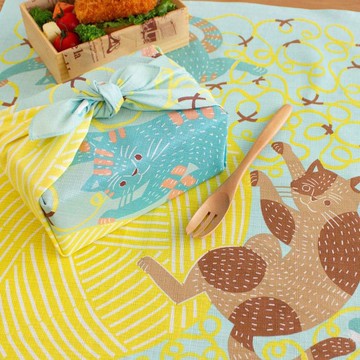 【新色】京都風呂敷包巾-katakata 中巾-貓咪線球-綠(有機棉)