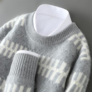 高端圓領羊絨衫男山羊絨打底衫冬季新爆款拼色提花寬松中青年毛衣