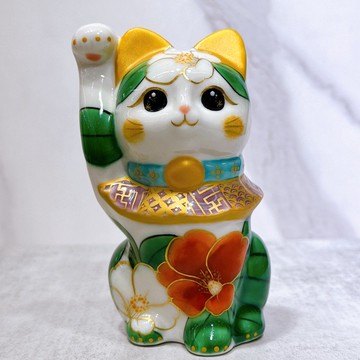 【白椿盈福】日本清水燒招財貓 | 色繪 白地 椿花