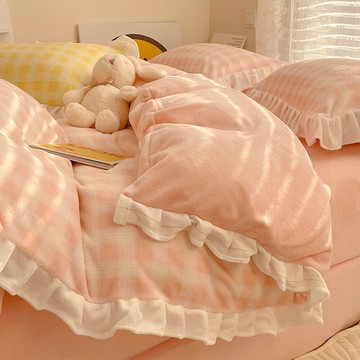 溫柔奶油格牛奶絨床上四件套公主風加絨被套雙面法蘭珊瑚絨床單女