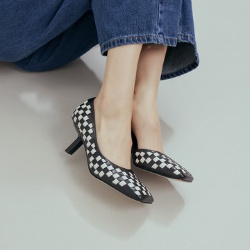 菱格狀編織-方頭斜狀跟鞋-黑白色