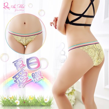 性感內褲 女內褲 夏日愛戀！彩紅腰帶拼接蕾絲三角褲﹝黃﹞