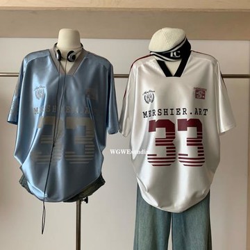 認真賣夏季美式復古寬松球衣T恤女緞面V領短袖設計感上衣潮