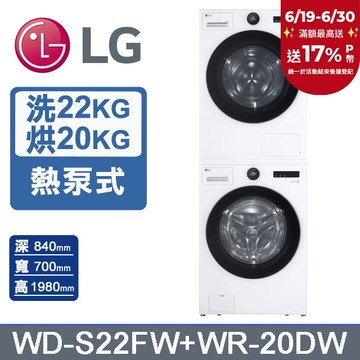 LG樂金 AI DD22公斤蒸氣滾筒洗衣機(冰瓷白)+20公斤免曬衣乾衣機(WD-S22FW+WR-20DW)