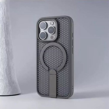 蜂窩散熱網孔適用蘋果16promax磁吸手機殼16e新款iphone15pro超薄透氣14金屬折疊支架13磨砂12pm硅膠防摔plus