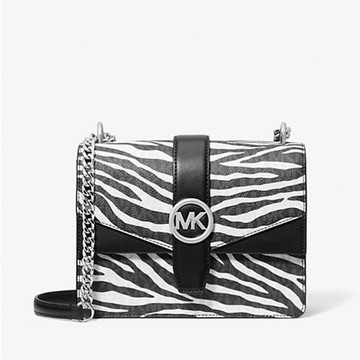 【MICHAEL KORS】斑馬紋防刮皮革鍊條翻蓋斜背包-黑白