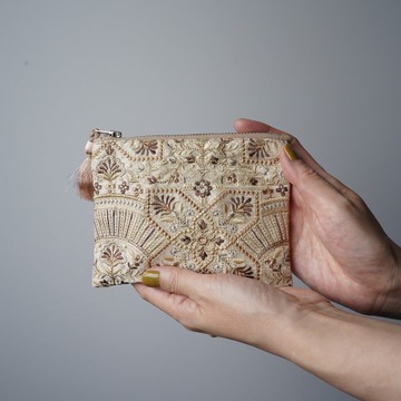 印度刺繡布料扁平收納包 小款 米色