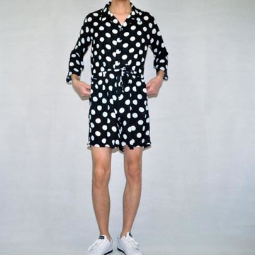 潮男春夏寬松翻領連體褲短褲中袖連體衣服波點個性抽繩一體服