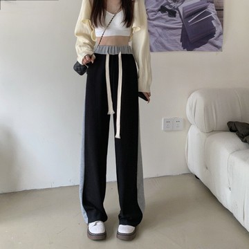 2021秋冬新款撞色直筒休閑褲子女垂感高腰抽繩闊腿褲寬松拖地長褲