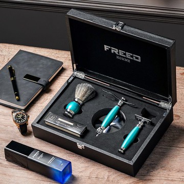 【兩週年特仕款】雙刃式刮鬍刀豪華禮盒四件組 - 湖水綠 免費刻字