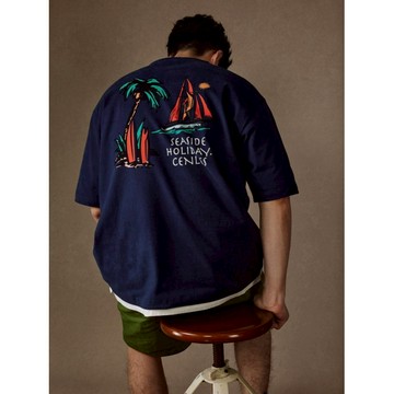 【當天出貨】海濱假日印花T恤男 純棉短袖 寬松圓領落肩 美式復古街頭風短T oversizeT恤 美式大t