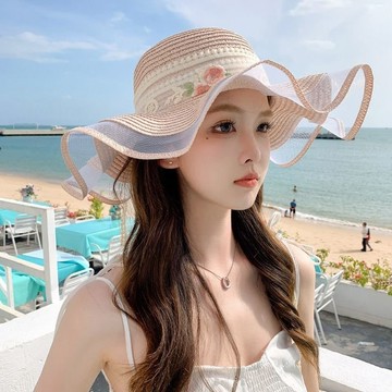 海邊度假🌟 (爆款)新款帽子女飄帶透氣草帽旅遊出行防曬遮陽帽大沿太陽帽潮沙灘帽 防曬帽