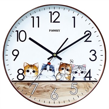 PAOSKY 靜音時鐘 台灣製造  木紋貓咪 白色