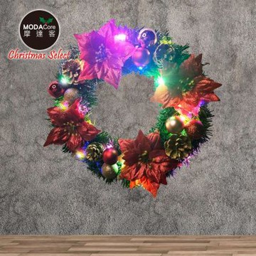 摩達客14吋浪漫朵朵聖誕花豪華綠色聖誕花圈福臨圈_(多款可選)+20燈LED彩光燈串_本島免運費
