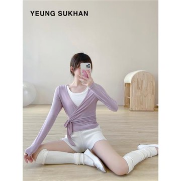 YEUNG SUKHAN/芭蕾系帶開衫 圍裹式綁帶上衣 超彈V領瑜伽運動服