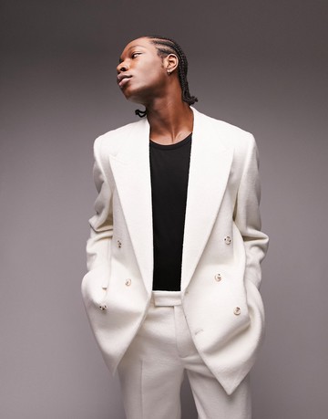 Topman Premium boxy oversized wool mix teddy suit jacket in white