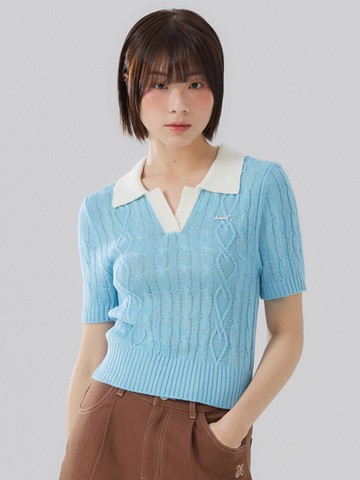 Coloring collar knitwear [SKY BLUE]