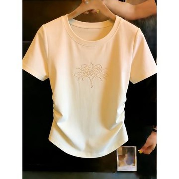 簡約刺繡圓領收腰短袖T恤女夏季韓系百搭修身顯瘦減齡設計感上衣