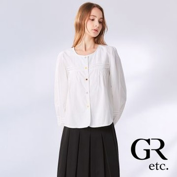 【GLORY21】網路獨賣款-etc.簡約立體壓褶澎袖圓領開襟上衣-白色