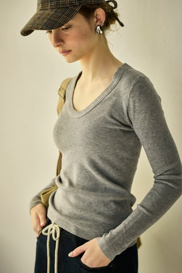 貼身圓領針織長袖上衣-灰