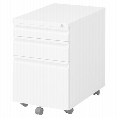 サイドチェスト 袖机 3段 幅39.5cm ホワイト ロック機能 キャスター付き スチール インキャビネット ルイン オフィス 在宅ワーク〔代引不可〕