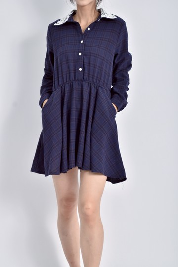 (S) 質感格紋長袖鬆緊腰藍色洋裝
