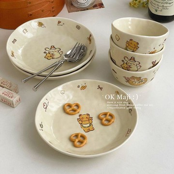 黃油小熊餐盤ins風食品級高顏值卡通可愛盤子菜盤家用陶瓷耐高溫 簡約餐具 餐盤 高級 可愛餐盤 碟子 可愛餐具 陶瓷餐具