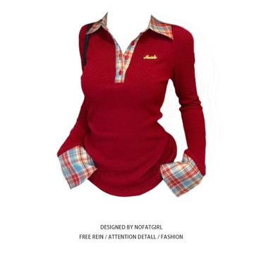 大碼胖妹妹甜辣風氛圍感穿搭拼接針織衫女春季新款修身內搭上衣潮