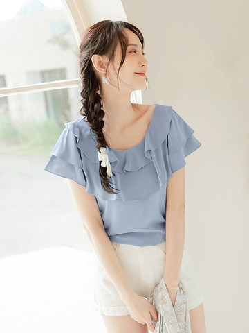 涼感．小V領舒涼雪紡U領荷葉上衣