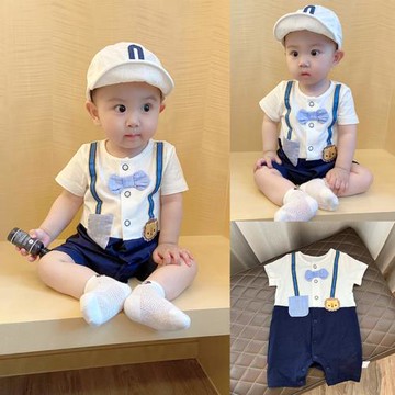 嬰兒連體衣夏季短袖新生兒薄款紳士周歲禮服假兩件哈衣寶寶爬服潮
