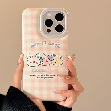台灣出貨❤原創ins粉格紋動物蘋果13手機殼iphone15軟11適用14pro max防摔16