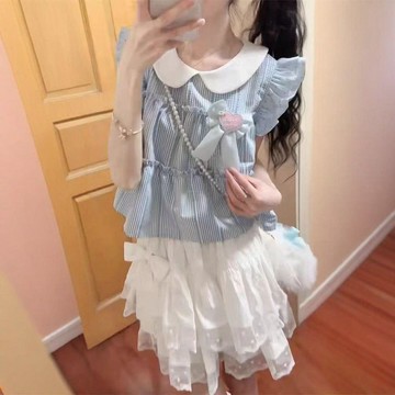 【甜美學院風】格子半身裙 小個子 夏季 新款 兩件套 日系 蛋糕裙 學院風 上衣 拼接 女裝 上衣 半身裙 蛋糕上衣