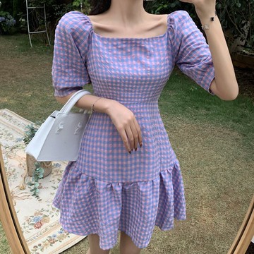 法式格子收腰氣質裙子新款復古顯瘦連衣裙女夏季短袖包臀短裙