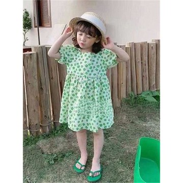 女童韓版裙花朵泡泡袖連衣裙兒童娃娃公主裙色彩夏裝新款外貿童裝