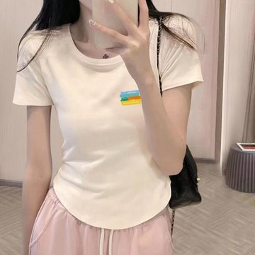 2025新款杏色純棉短袖t恤女弧形短款不規則設計甜辣修身純欲顯瘦
