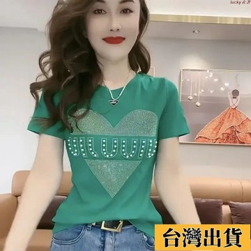 📿好貨優選📿大尺碼 重工燙鑽短袖T恤女 設計感時尚顯瘦減齡ins上衣 圓領短袖上衣 短袖t恤 女裝 顯瘦上衣 衣服