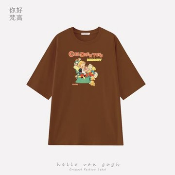 2024夏季美式復古印花女孩卡通人物短袖寬松vintage油畫趣味T恤潮