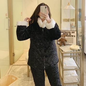 金鉆絨睡衣女冬季三層夾棉加厚珊瑚絨可外穿盤扣中國風家居服套裝