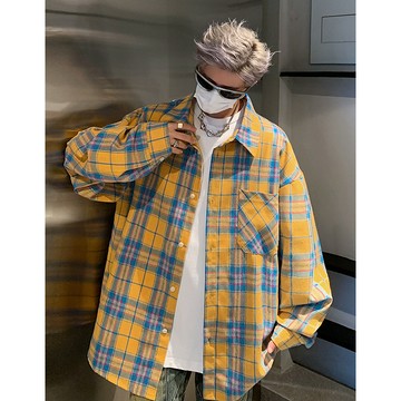 【夏季爆款】鞦季新款美式複古格子襯衫男貼標休閒襯衣外套C2501