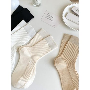 燕麥色系襪子女中筒襪純棉無骨縫合春秋冬季日系百搭黑搭配鯊魚褲