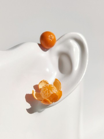 半裸橘子系列*原創軟陶手工小耳釘仿真橘子925銀耳針無耳洞耳夾