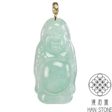 【漢石齋】天然翡翠A貨 小彌勒佛18K金墜頭玉佩吊墜 冰糯芙蓉種(16*34*5mm)