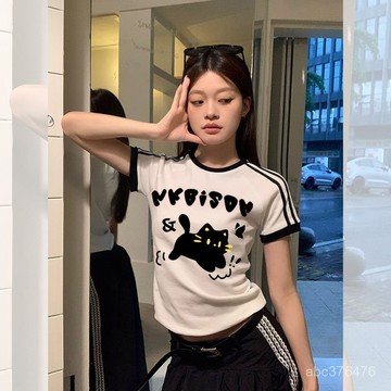 免運 拼接正肩 短袖T恤女 白色上衣 夏季新款 小猫印花 卡通 修身遮肉 百搭上衣