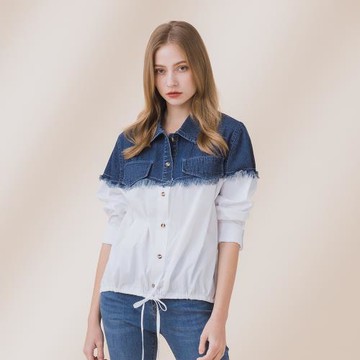 【YUTZUYA 優姿雅】抽鬚牛仔拼接上衣