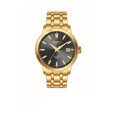 RHYTHM 麗聲 日本金框黑面高貴高調三針日期顯示不鏽鋼機械錶-AS1621