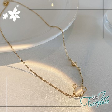 【伊飾童話】土星漫遊＊貓眼石鎖骨鈦鋼項鍊/金